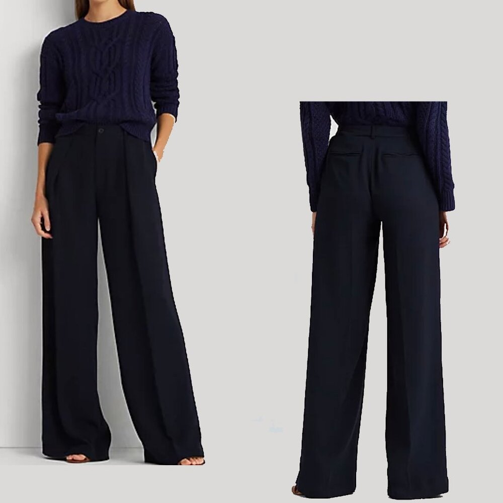 Navy Double-Faced Georgette Wide-Leg Pant